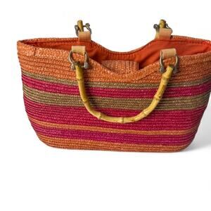 St. John’s Bay Straw Tote Bamboo Handles Orange Pink Coastal Boho Bag-Authentic